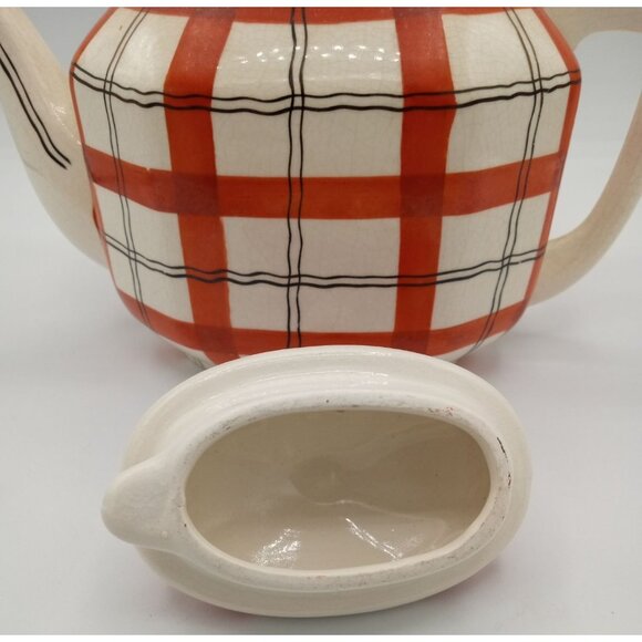 Red Plaid Teapot Vintage Takito Company Japan Hand Painted Crazed 9 Inch Serving - Picture 10 of 16